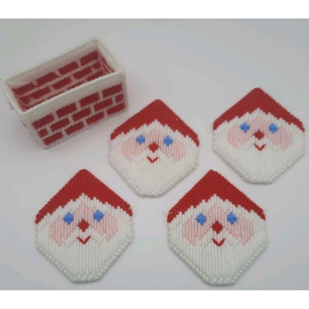 4 Santa Coasters With Chimney Holding Case Handmade Plastic Canvas Sheets